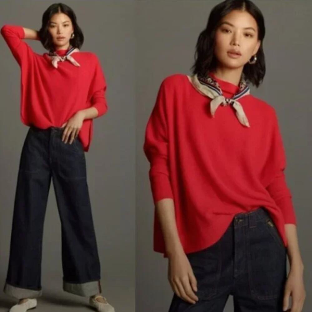 ANTHROPOLOGIE x MAEVE 100% Cashmere Shea Sweater Cherry Red Sz S $148 {3O51}